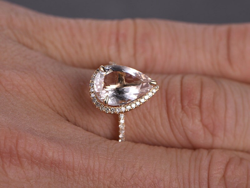 Bague de fiançailles vintage en morganite, or rose, forme poire, alliance ancienne avec halo de diamants, style Art déco, demi-alliance, bague d'anniversaire
