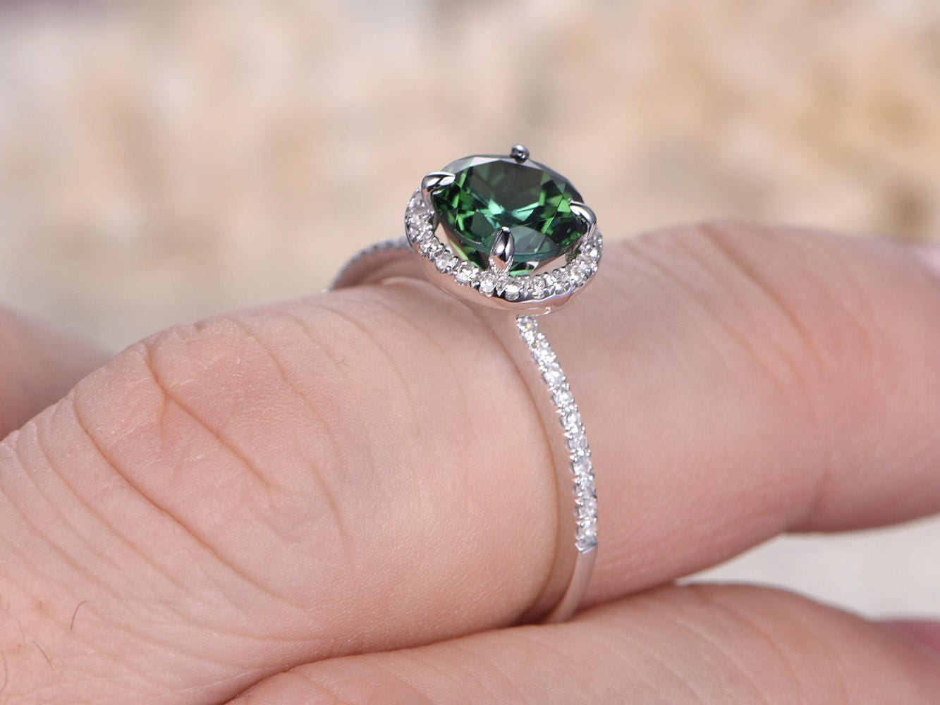 7mm Round Cut Green Tourmaline Engagement Ring 14K White Gold Diamond Halo Half Eternity