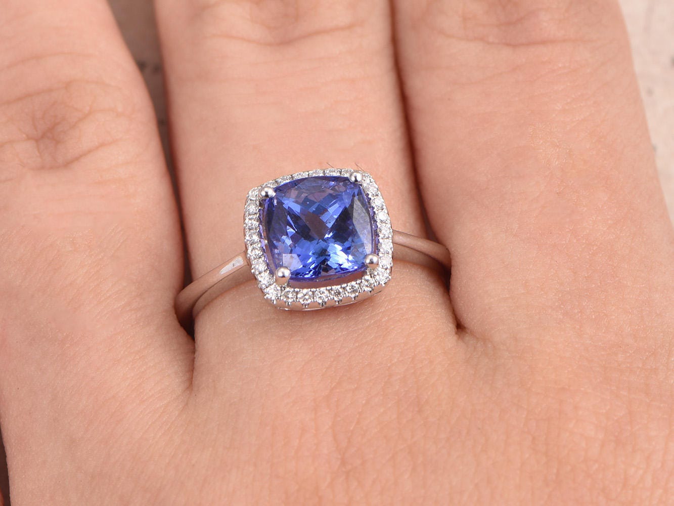 7.5mm Cushion Cut Tanzanite Engagement Ring 14K White Gold Diamond Halo