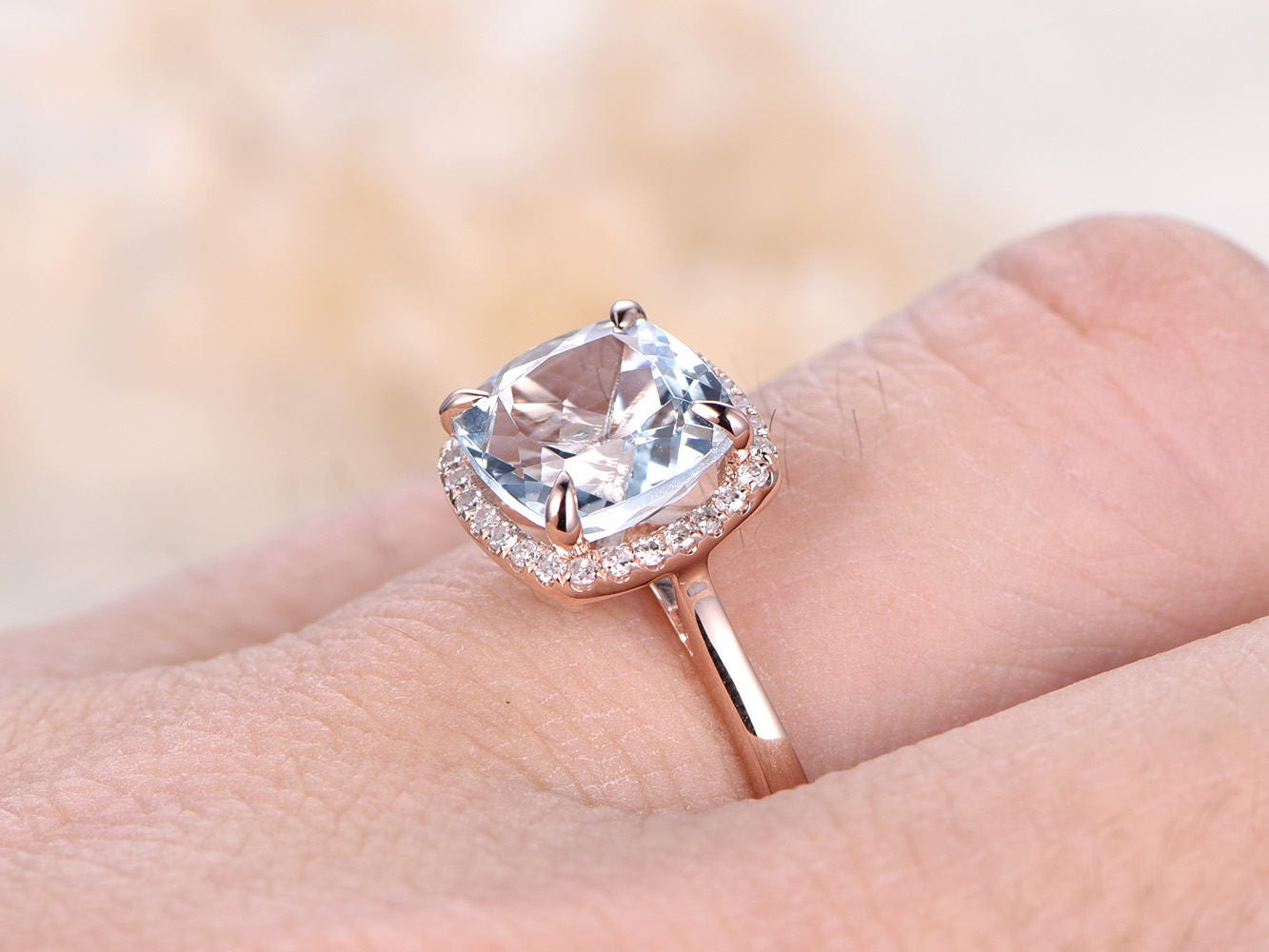 8mm-cushion-cut-aquamarine-engagement-ring-14k-rose-gold-diamond-halo-plain-band-design-march-birthstone