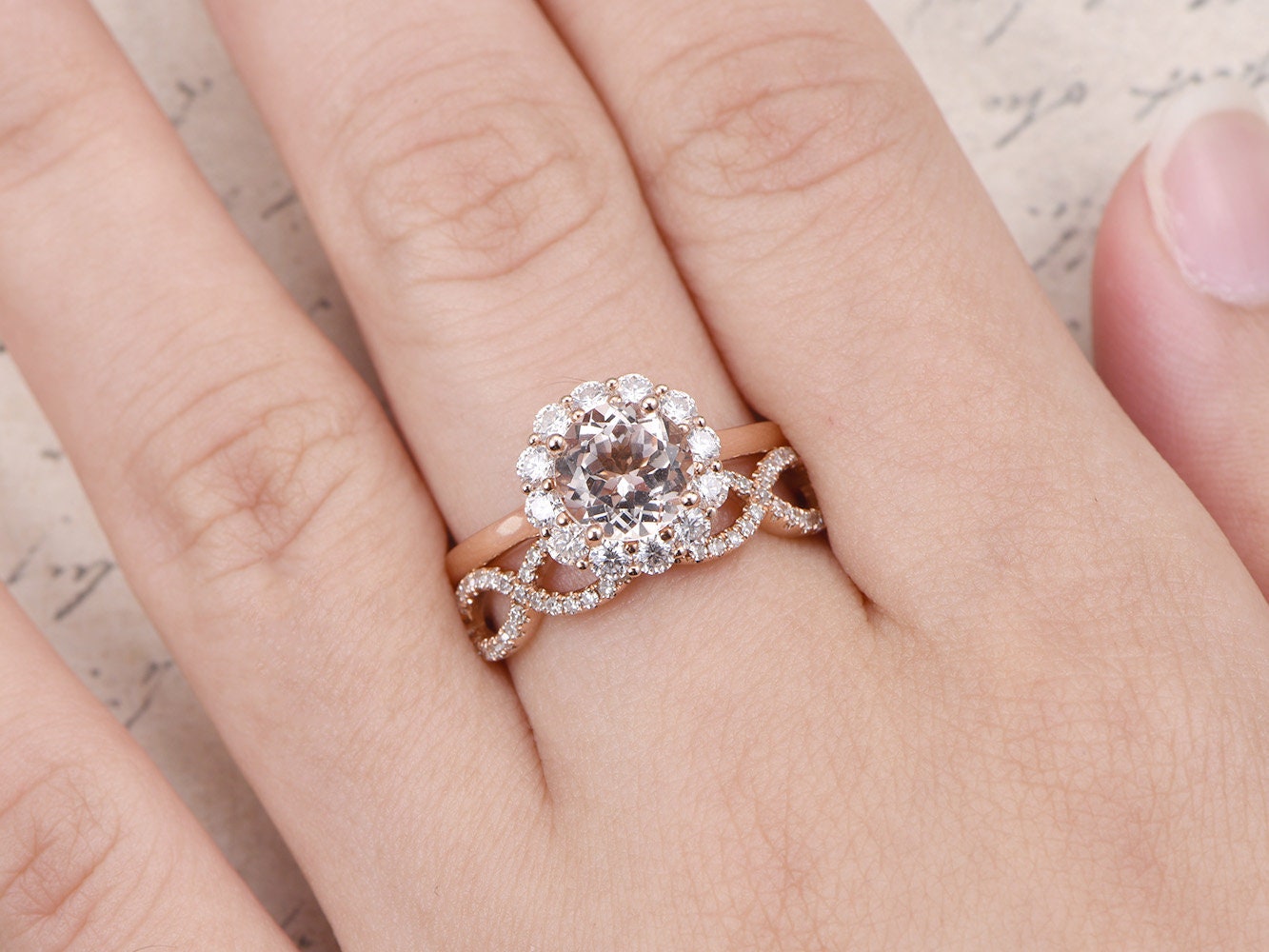 7mm-round-cut-morganite-engagement-ring-set-2pcs-14k-rose-gold-floral-halo-moissanite-diamond-twist-matching-band
