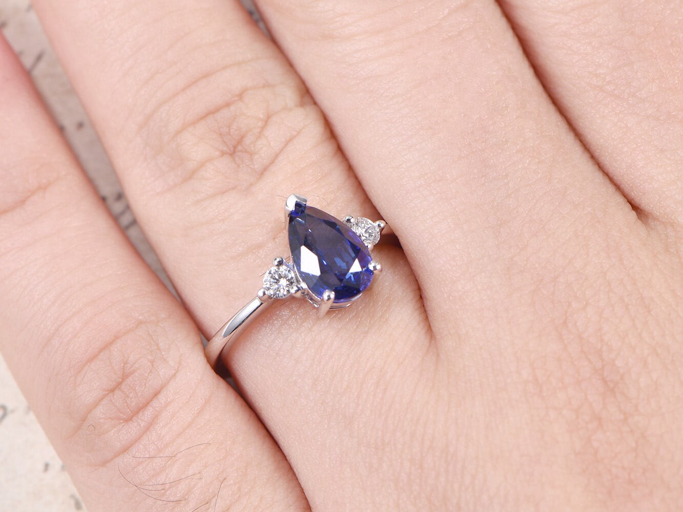 6x9mm Pear Cut Sapphire Engagement Ring 14K White Gold Three Stone Plain Band