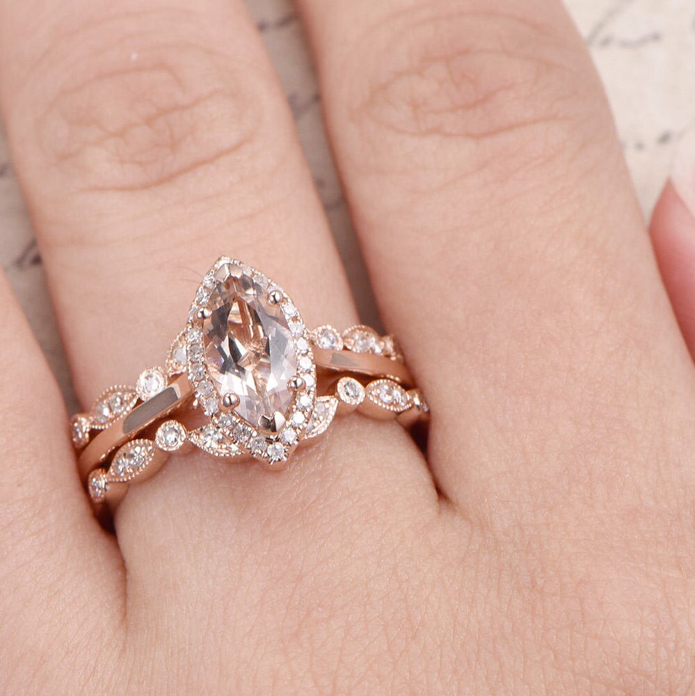 5x10mm Marquise Cut Morganite Engagement Ring Set 3pcs Diamond Halo | Two Art Deco Matching Band