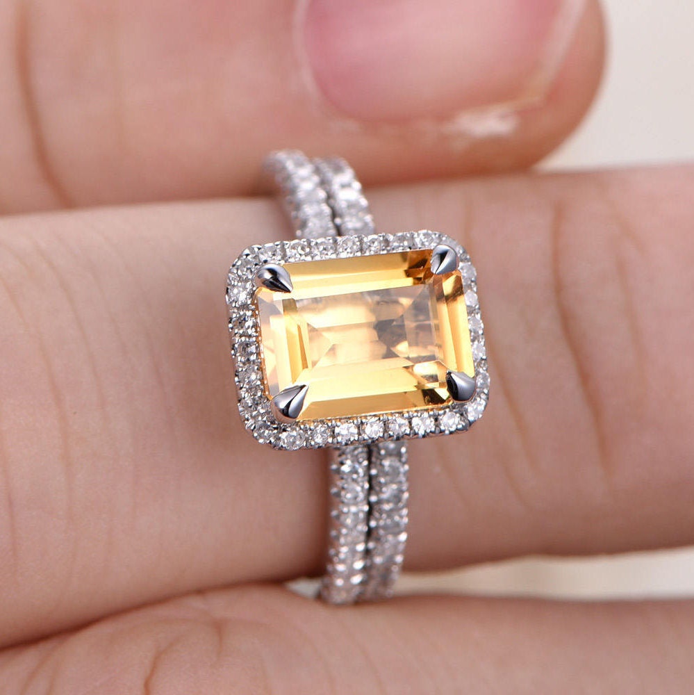 6x8mm Emerald Cut Citrine Engagement Ring Set 2pcs 14K White Gold Diamond Halo Half Eternity