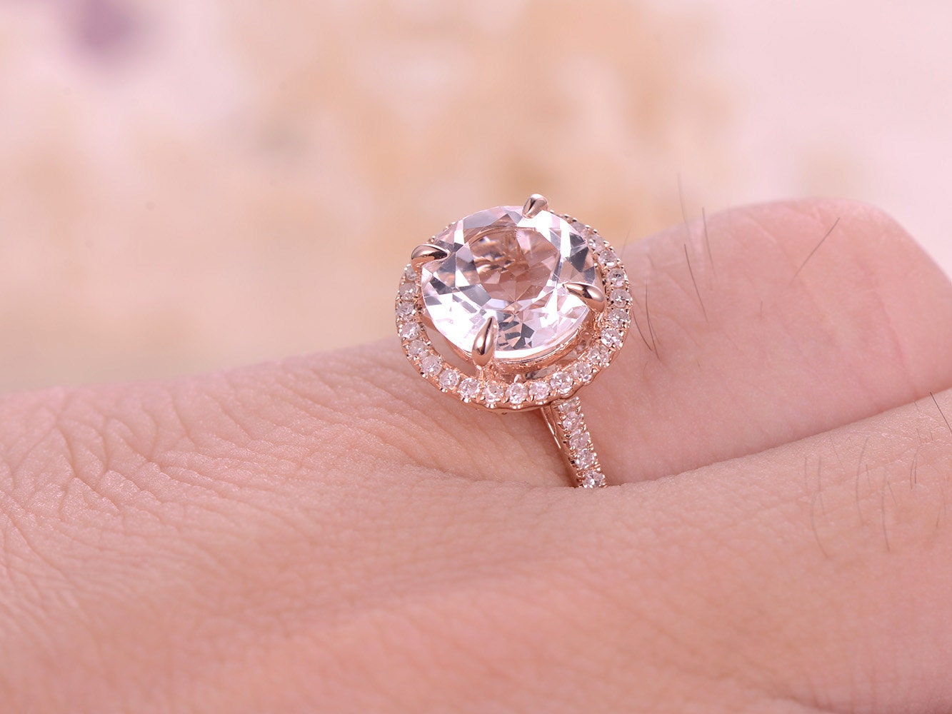 8mm Round Cut White Topaz Engagement Ring 14K Rose Gold Half Eternity Diamond Halo