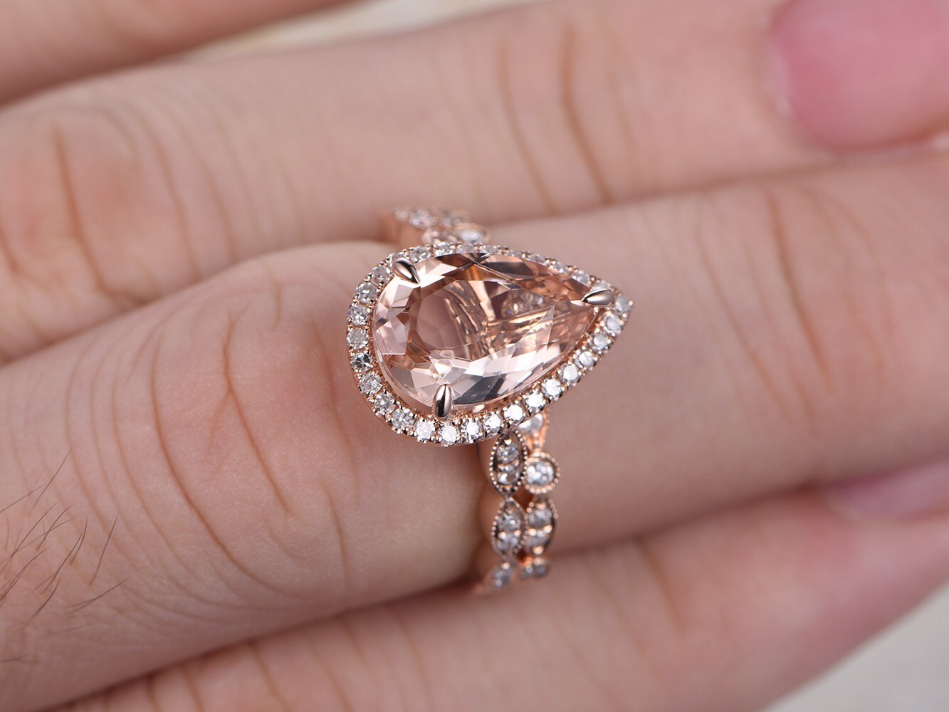 8x12mm Pear Cut Morganite Engagement Ring Set 2pcs 14K Rose Gold Diamond Halo | Art Deco Matching Band