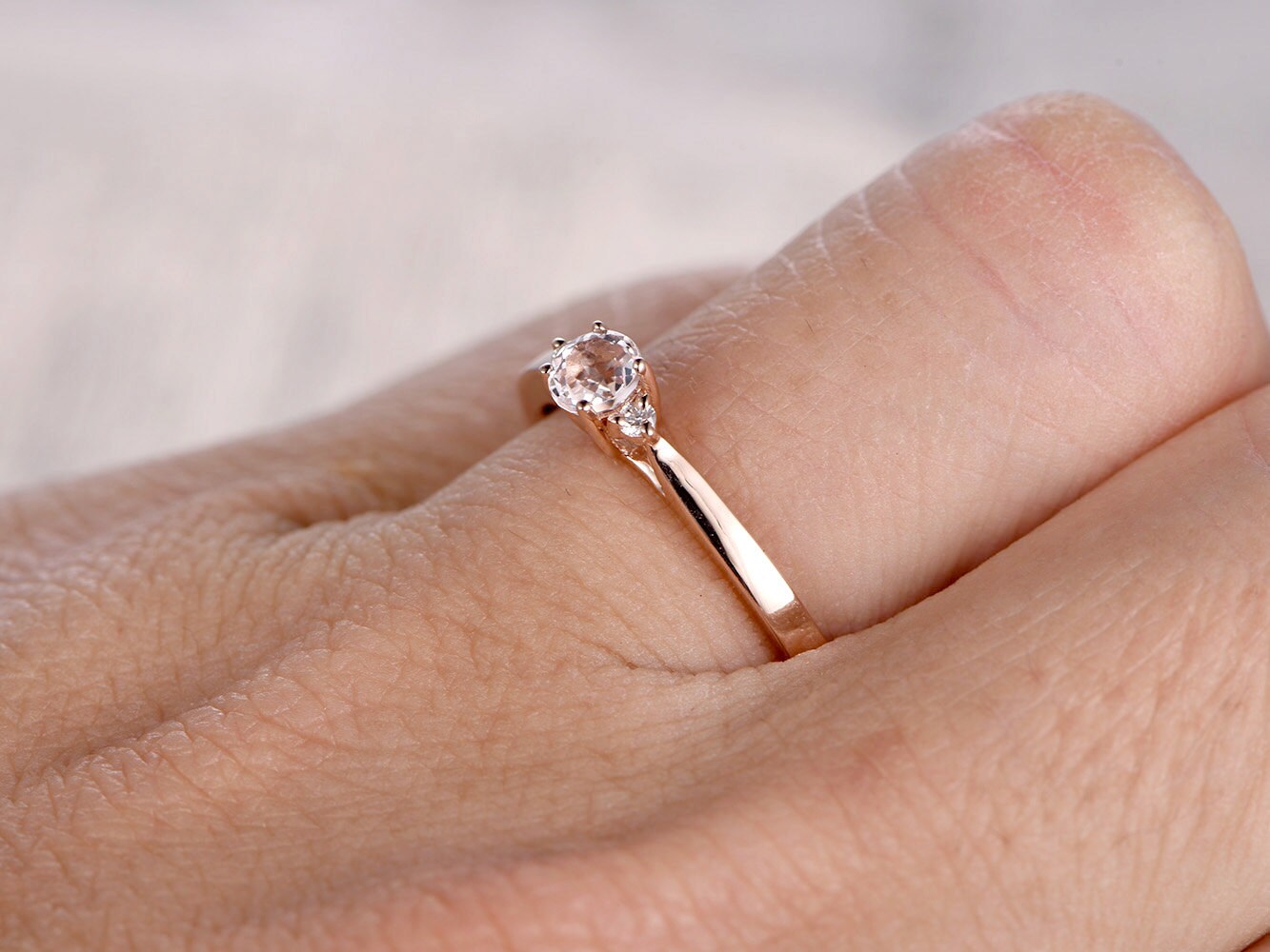 6.5mm Round Cut Morganite Engagement Ring 14K Rose Gold 3pcs Solitaire Plain Band