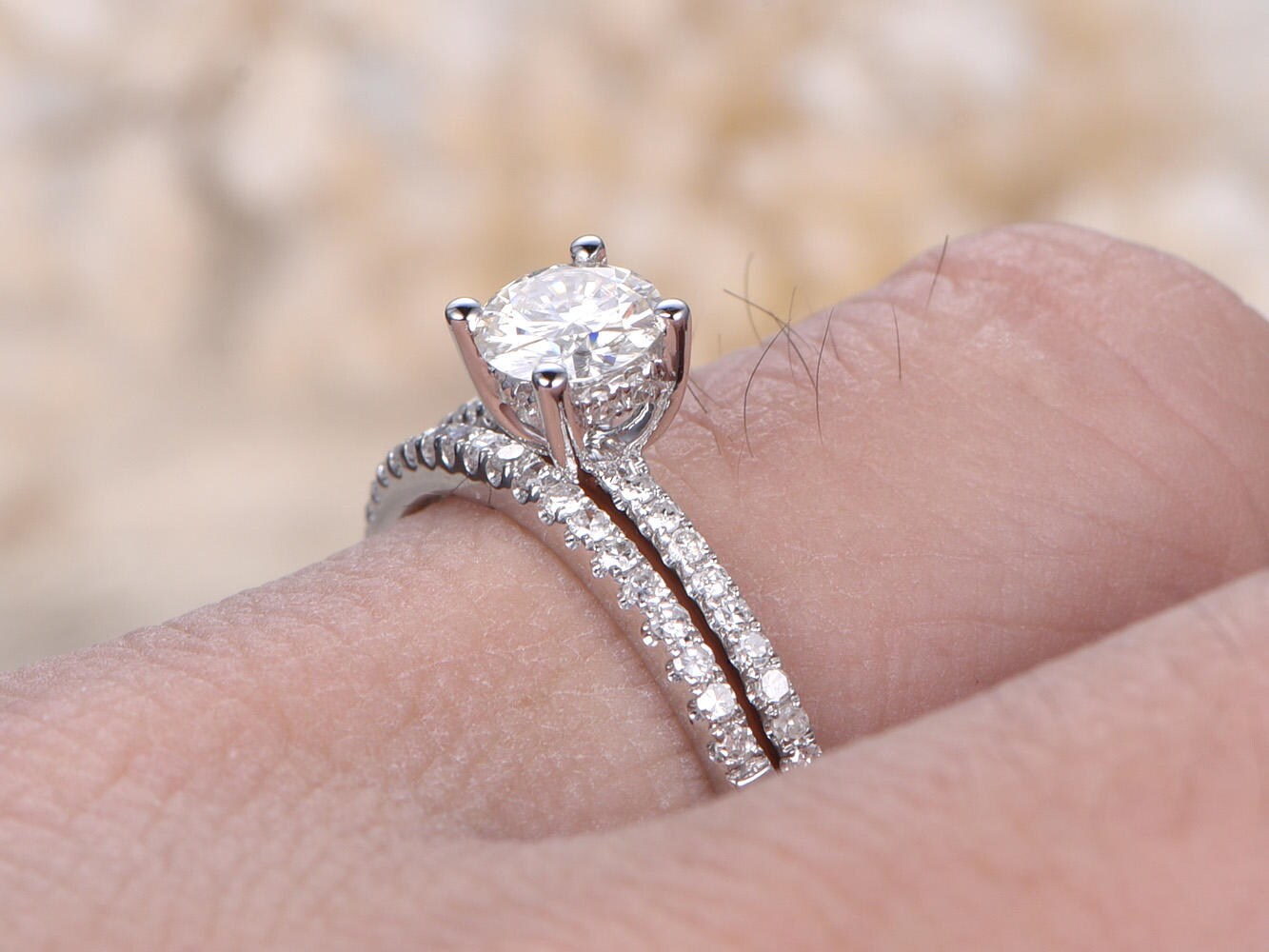 Bague de fiançailles en moissanite taille ronde de 5 mm, alliance en or blanc 14 carats massif, style anneau fin, ensemble de bagues de mariage
