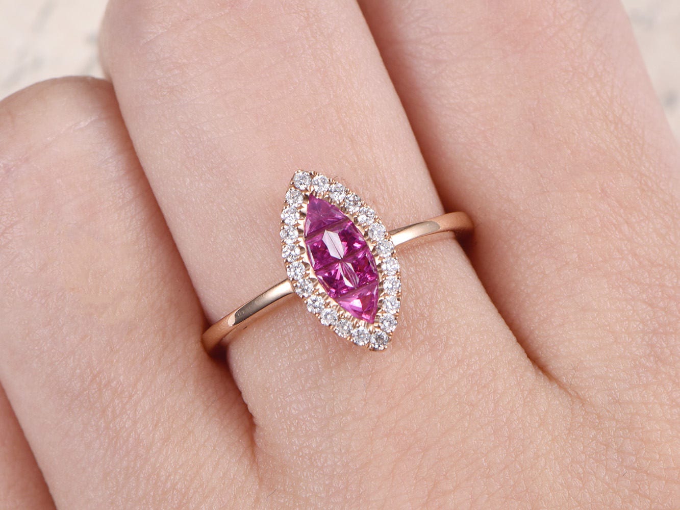 Bague de fiançailles en or rose 14 carats massif avec rubis rouge naturel VS, alliance avec diamants HALO, bague de promesse, bague de fiançailles délicate