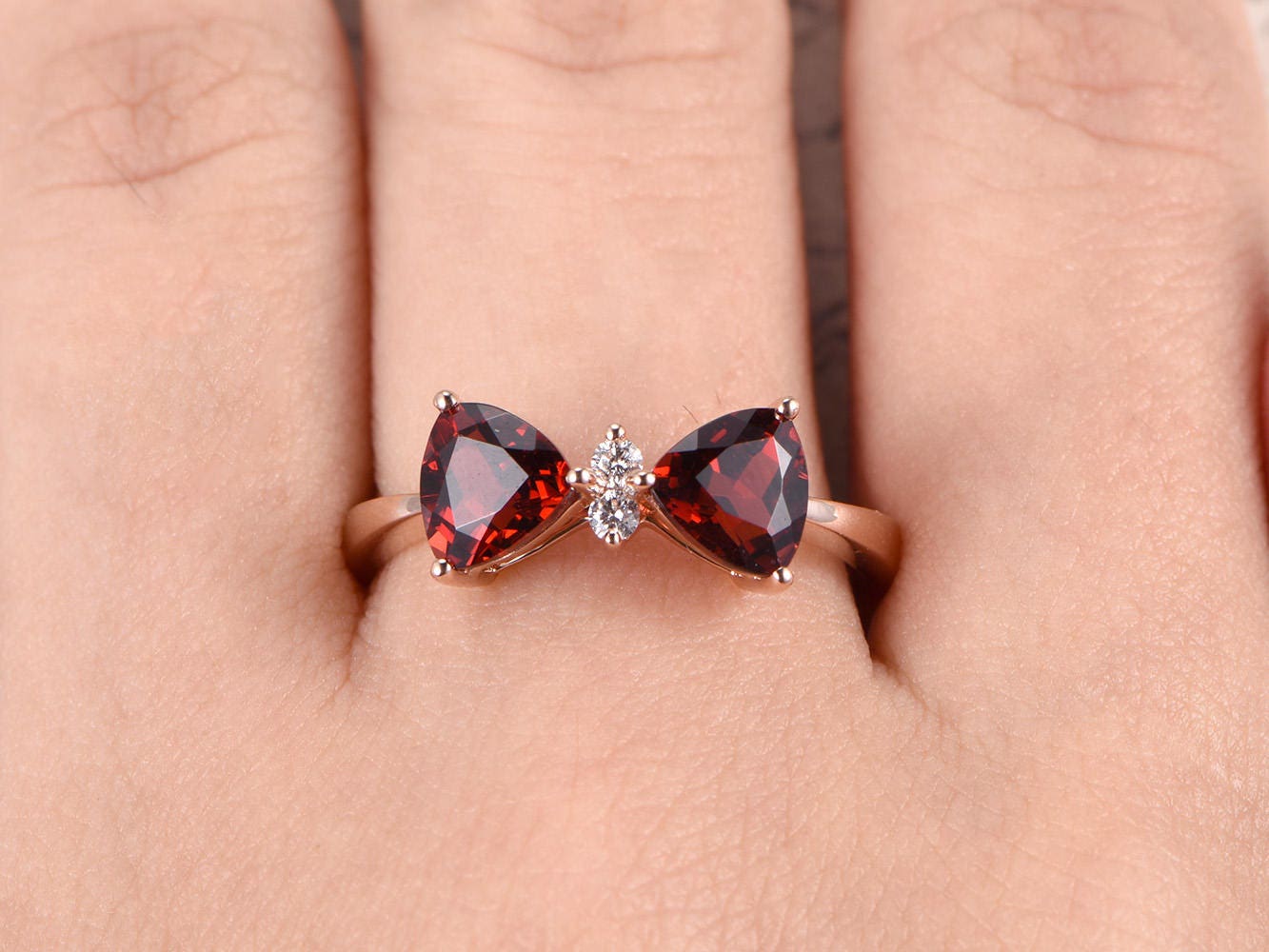 5mm-trillion-cut-garnet-engagement-ring-14k-rose-gold-bow-design-double-gemstone-diamond-accent-plain-band