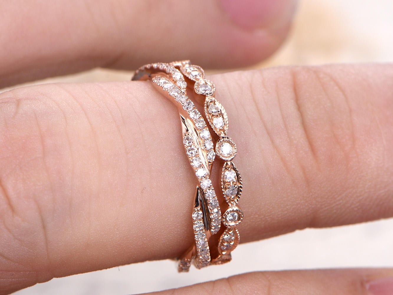 diamond-wedding-band-set-2pcs-14k-rose-gold-twist-full-eternity-milgrain-set