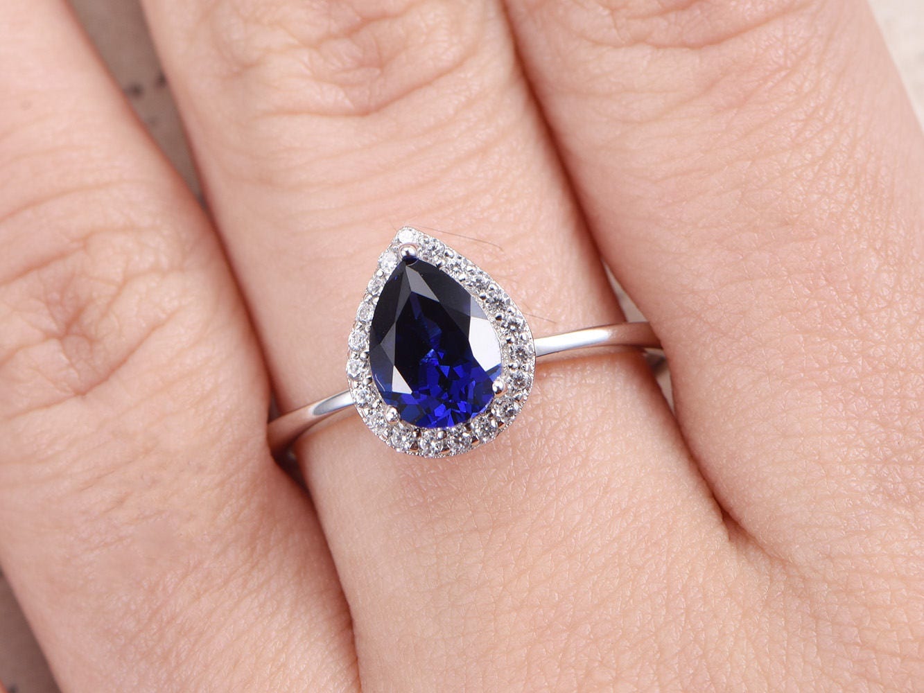 6x8mm Pear Cut Blue Sapphire Engagement Ring 14K White Gold Diamond Halo Plain Band