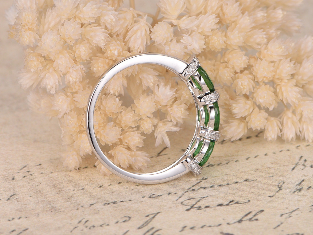 Triple 4x5mm Oval Cut Tsavorite Engagement Ring 14K White Gold