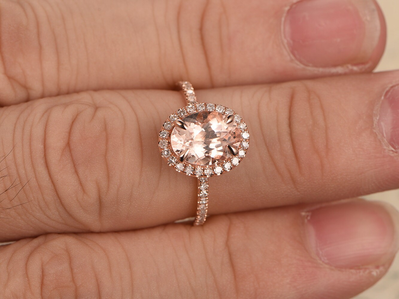 Bague de fiançailles halo en morganite ovale 6*8 mm, alliance en or rose 14 carats sertie de diamants pavés, griffes, bague pour femme