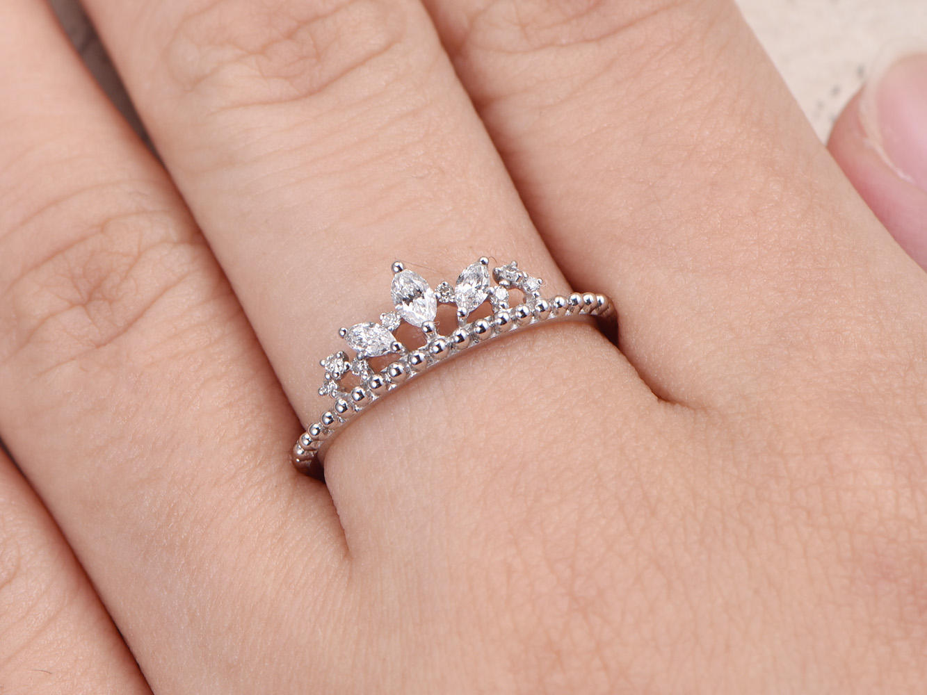 marquise-shaped-crown-diamond-wedding-band-14k-white-gold-ball-design-plain-band