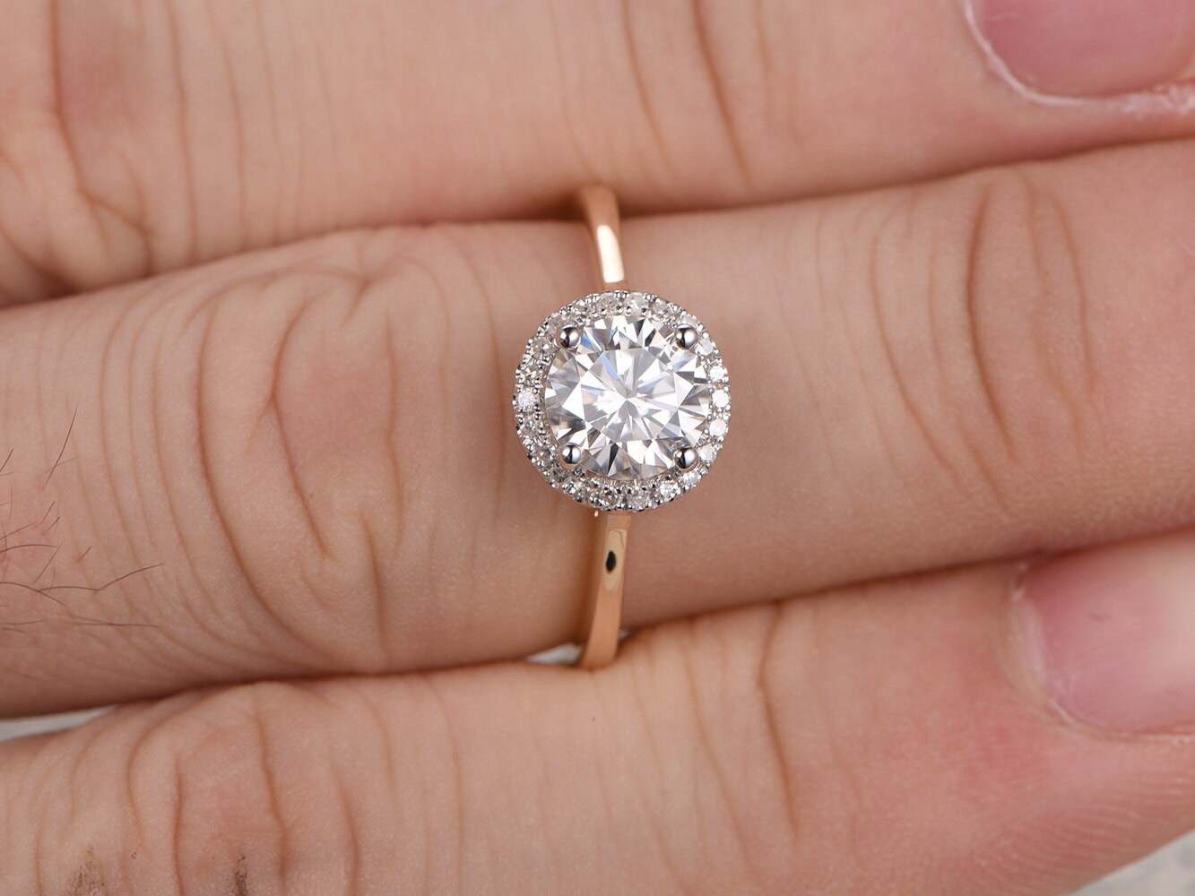 6.5mm-round-cut-moissanite-engagement-ring-14k-yellow-gold-and-white-gold-diamond-halo-plain-band
