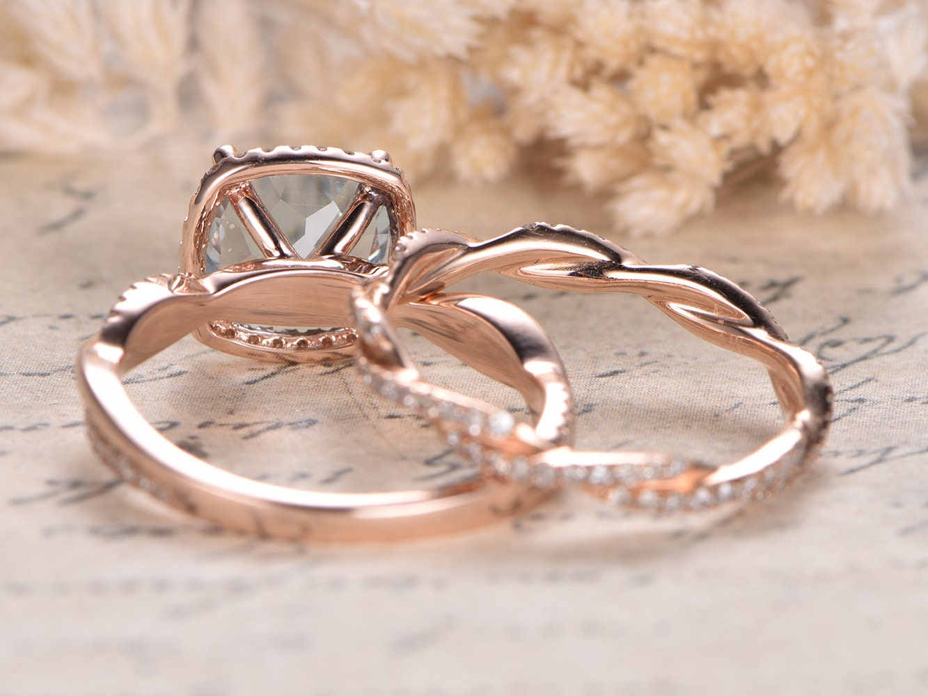 Bague de fiançailles en aigue-marine, anneau fendu serti de diamants, alliance sertie d'aigue-marine et de diamants, ensemble de 2 bagues de mariage.