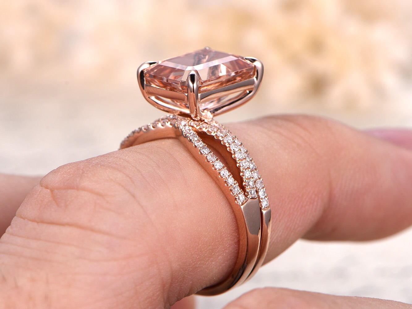 9x11mm Emerald Cut Morganite Engagement Ring Set 2pcs 14K Rose Gold Diamond Half Eternity Solitaire | Split Shank Matching Band
