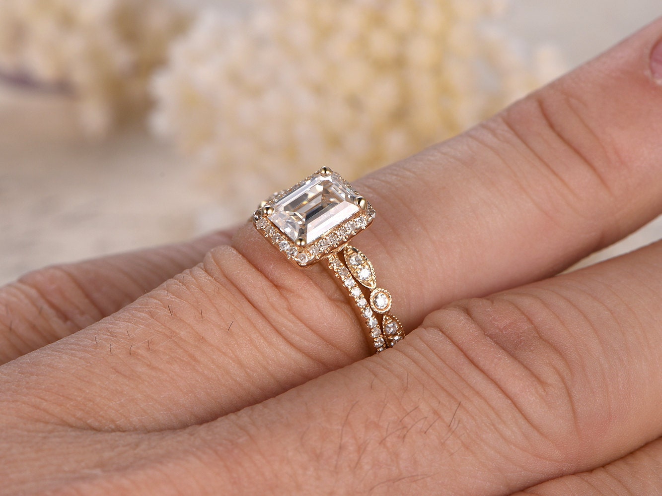 6x8mm-emerald-cut-moissanite-engagement-ring-set-2pcs-14k-yellow-gold-halo-diamond-band-art-deco-matching-band