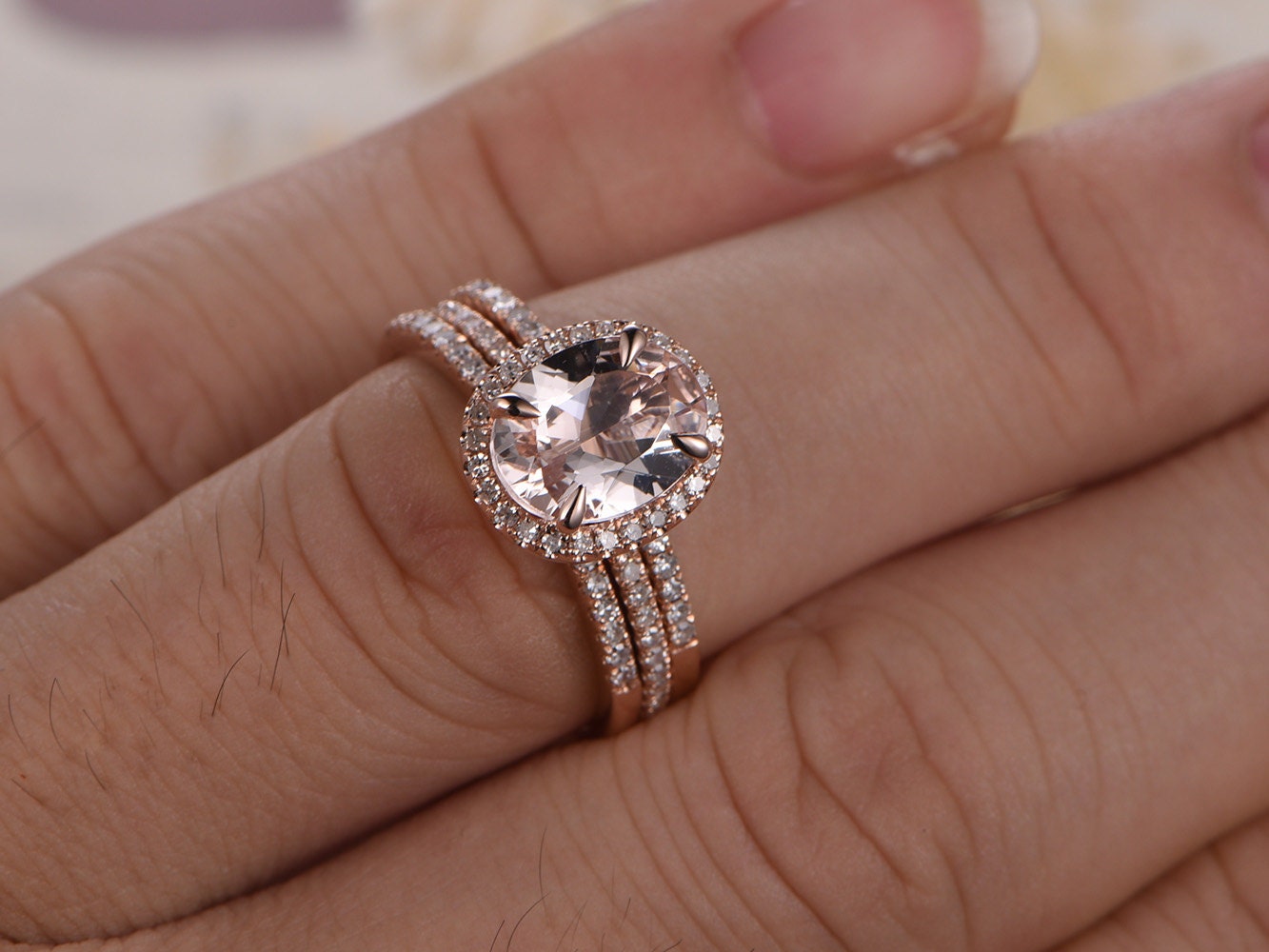 6x8mm-oval-cut-morganite-engagement-ring-set-3pcs-14k-rose-gold-diamond-halo-half-eternity-two-thin-diamond-band