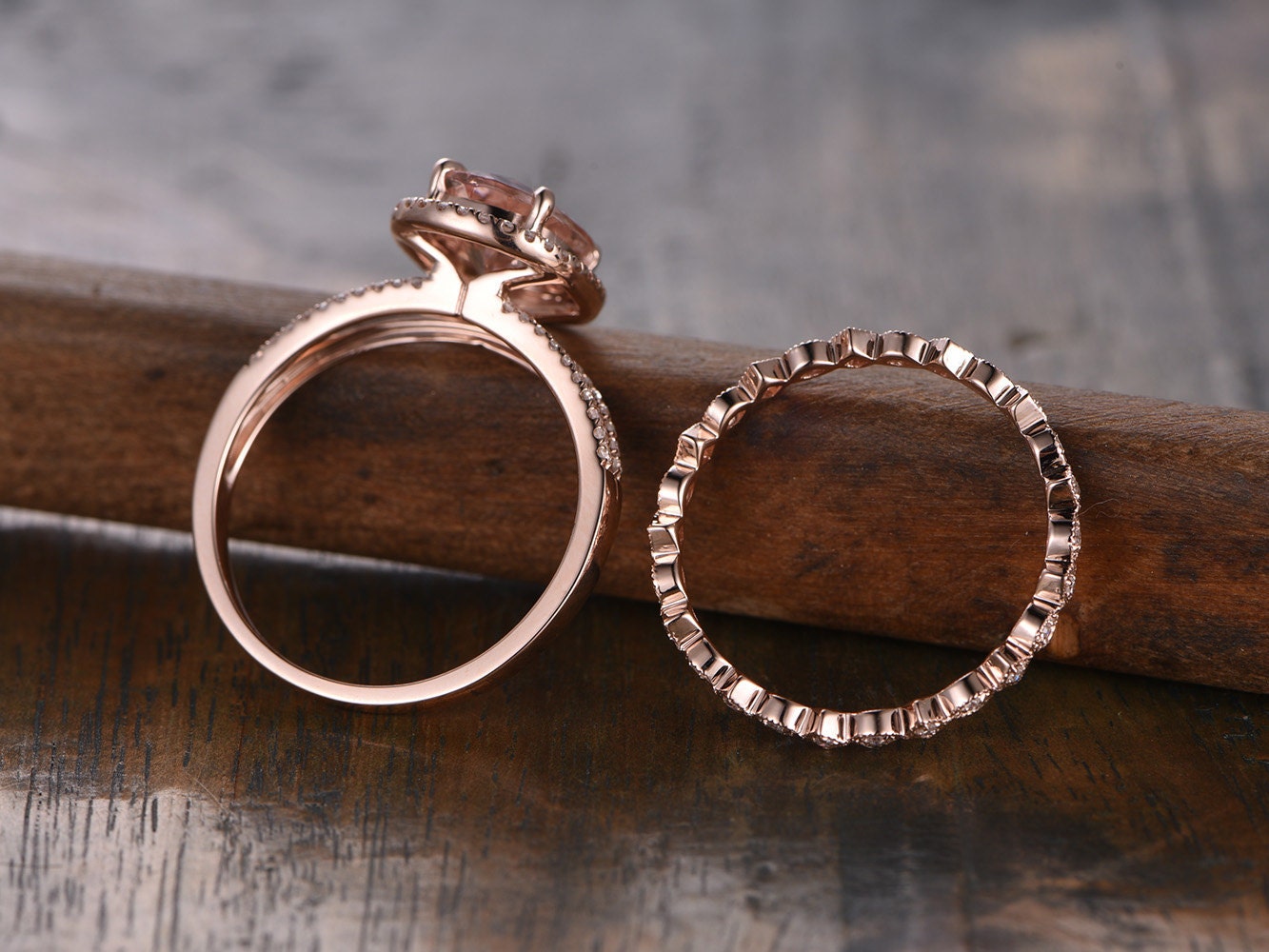 8x10mm-oval-cut-morganite-engagement-set-2pcs-14k-rose-gold-split-shank-halo-diamond-art-deco-matching-band