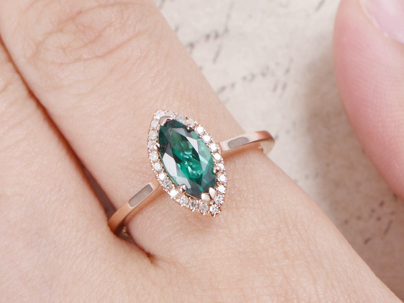 Bague de fiançailles en or rose massif 14 carats, anneau simple, bague de promesse pour femme, bague de mariage avec diamant, bague émeraude 5x10 mm, bague de fiançailles marquise