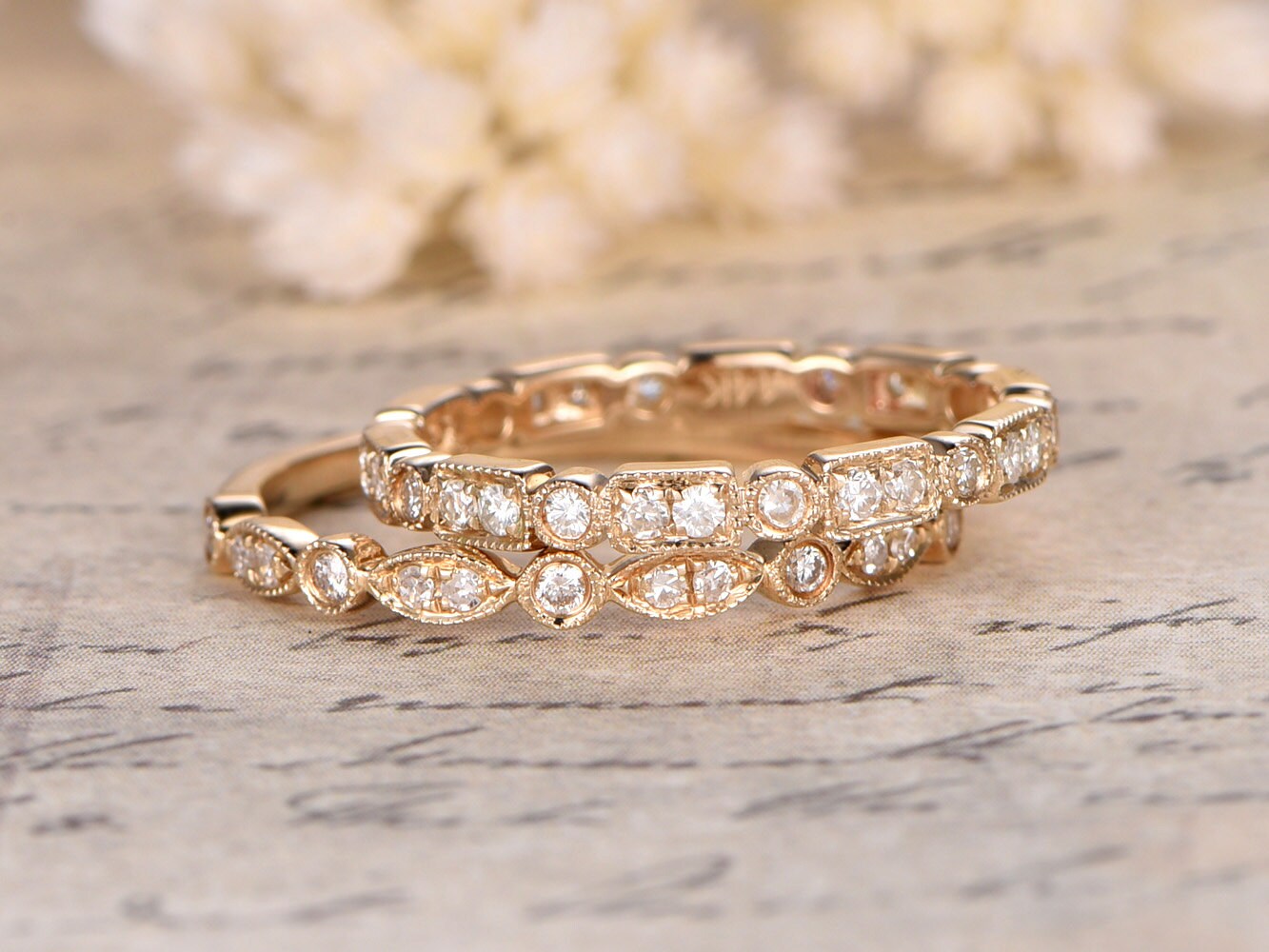 Diamond Wedding Band Set 2pcs 14K Yellow Gold Art Deco | One Half Eternity Band | One Full Eternity Band