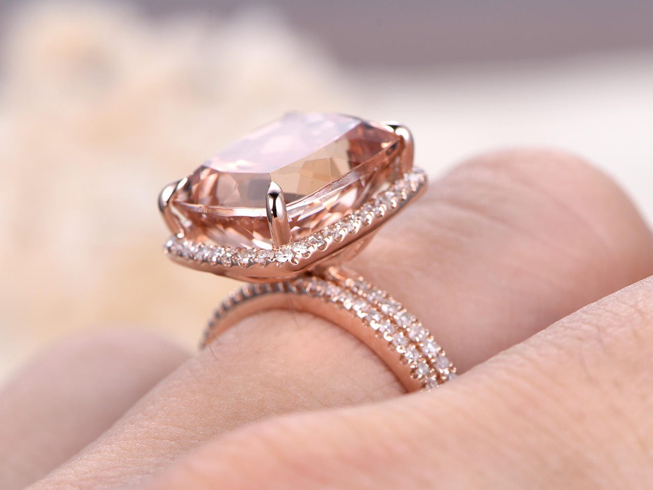 10x12mm-Cushion-Cut-Morganite-Engagement-Ring-Set-2pcs-14K-Rose-Gold-Half-Eternity-Diamond