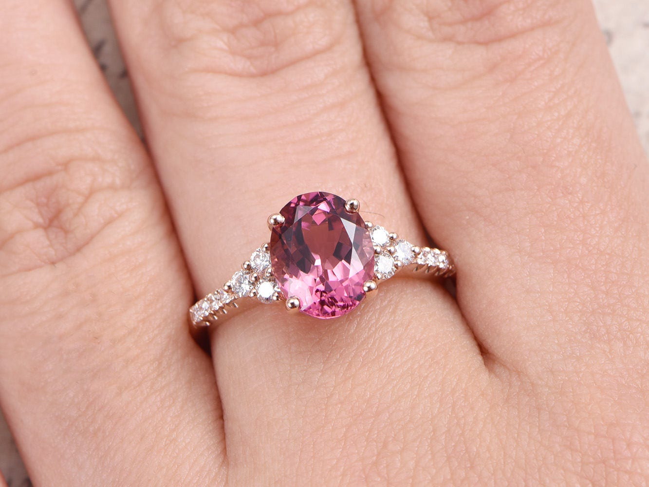 7x9mm Oval Tourmaline Engagement Ring 14K Rose Gold Diamond Floral Design