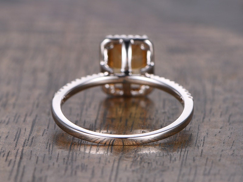 6x8mm Emerald Cut Citrine Engagement Ring 14K White gold Diamond Halo Half Eternity