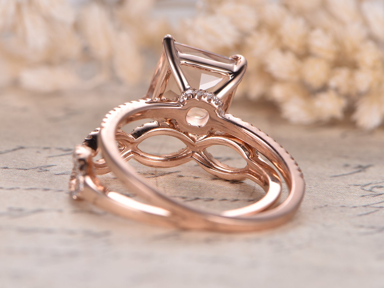 8mm Princess Cut Morganite Engagement Ring Set 2pcs 14K Rose Gold Solitaire | Diamond Split Shank Matching Band