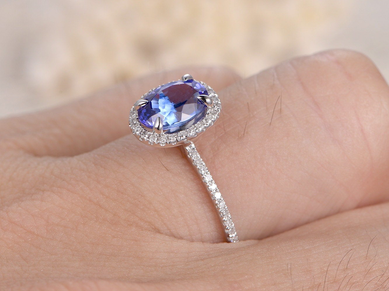 6x8mm Oval Cut Tanzanite Engagement Ring 14K White Gold Diamond Halo Half Eternity
