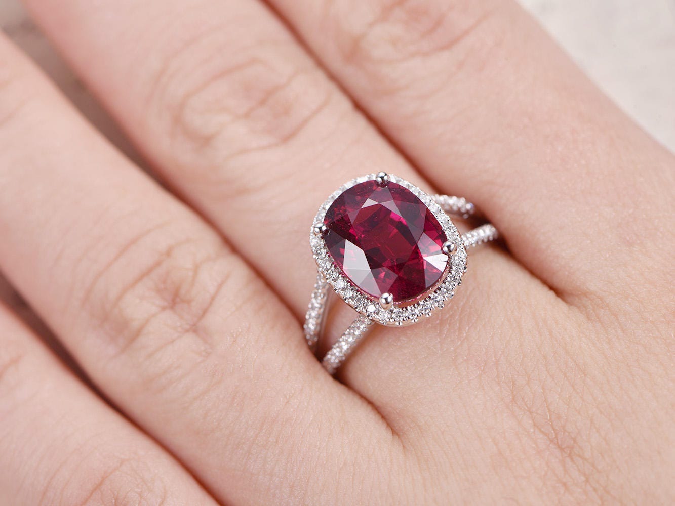 9x11mm Oval Cut Ruby Engagement Ring 14K White Gold Diamond Halo Split Shank Design