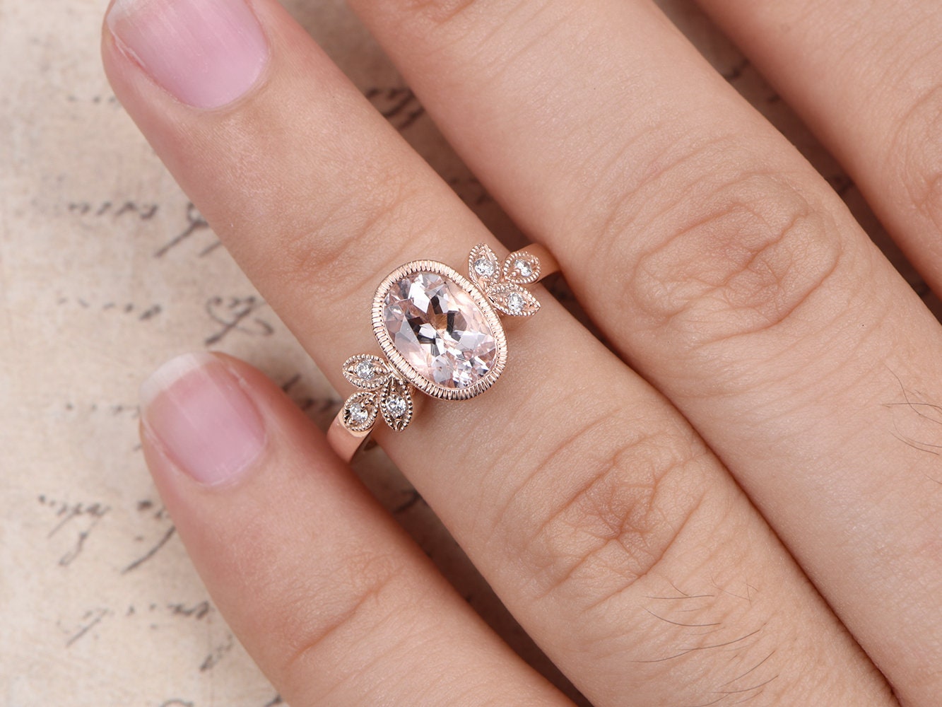 6x8mm Oval Cut Morganite Engagement Ring 14K Rose Gold Diamond Floral Plain Band
