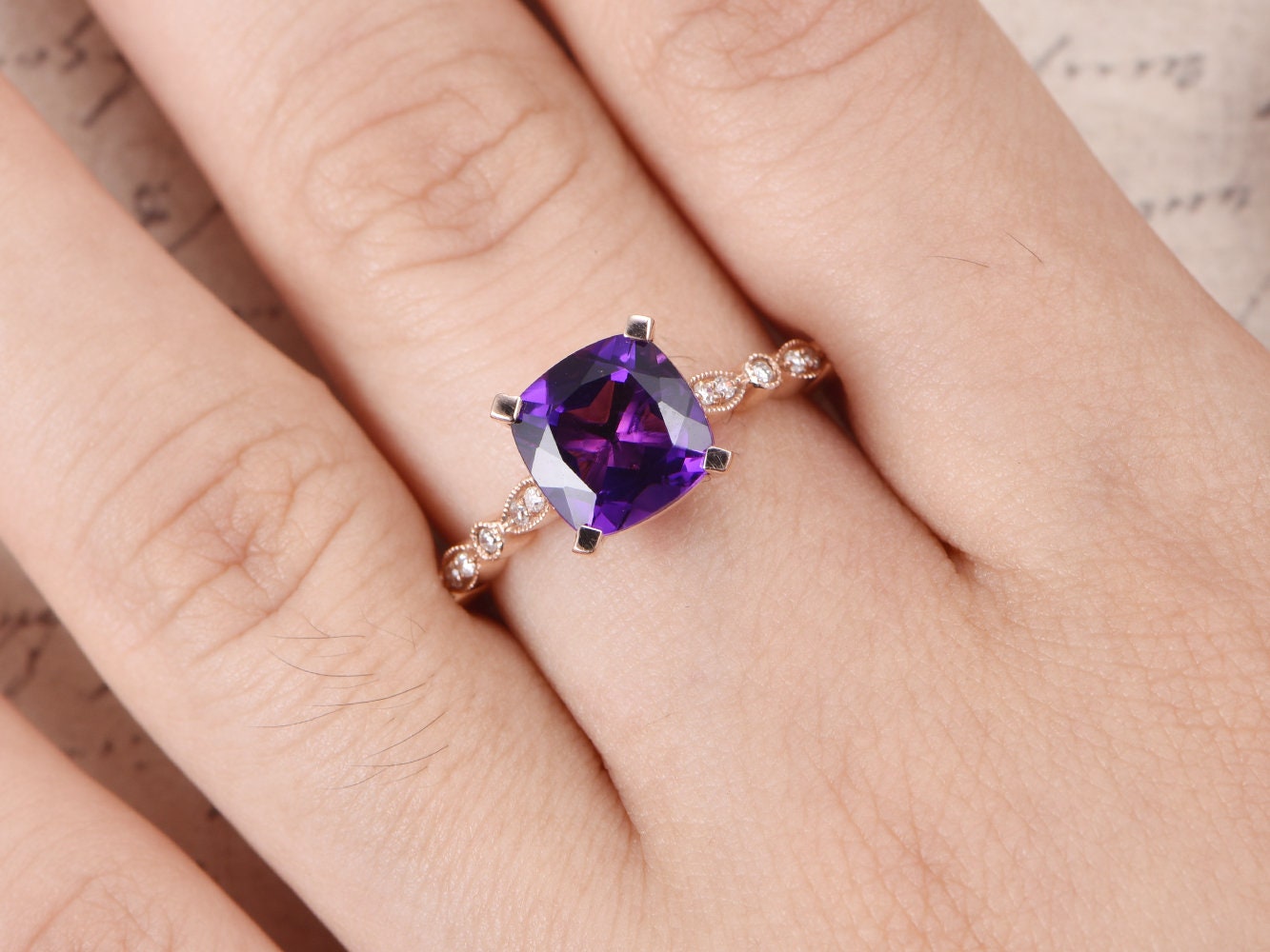 8mm Cushion Cut Amethyst Engagement Ring 14K Rose Gold Solitaire Art Deco Design