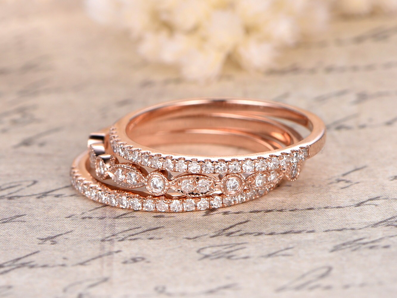 Diamond Wedding Band Set 3pcs 14k Rose Gold | Two Thin Band | One Art Deco Band