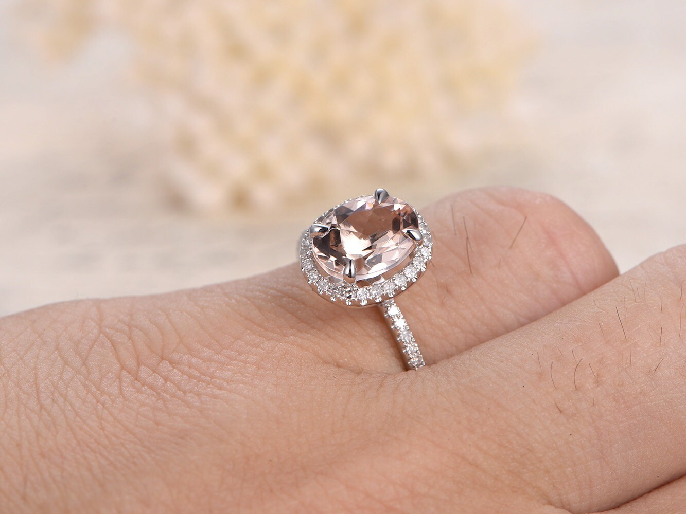 6x8mm Oval Cut Morganite Engagement Ring 14K White Gold Diamond Halo Design Half Eternity