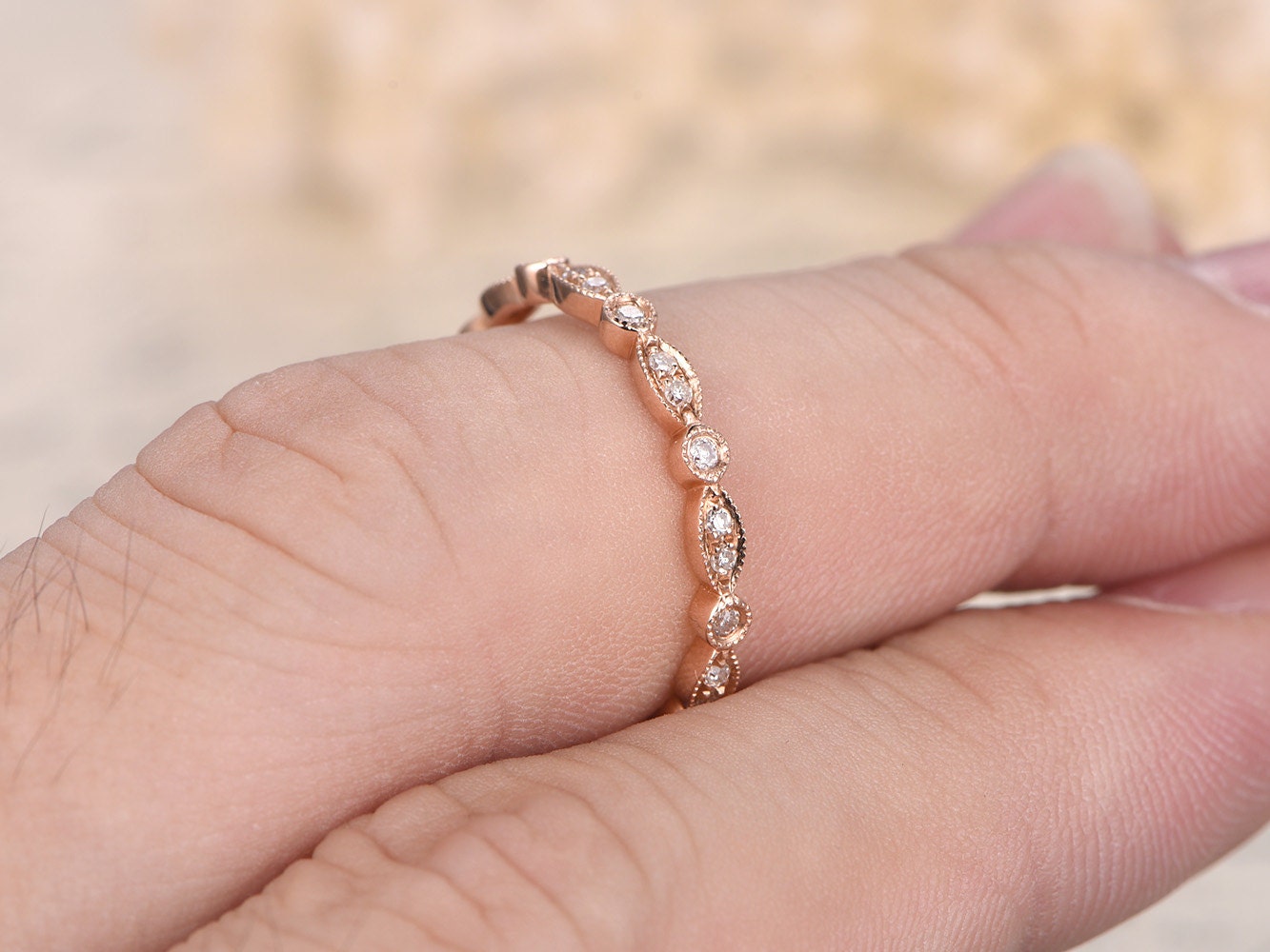 diamond-wedding-band-14k-rose-gold-full-eternity-band-milgrain-art-deco-marquise-dot-design