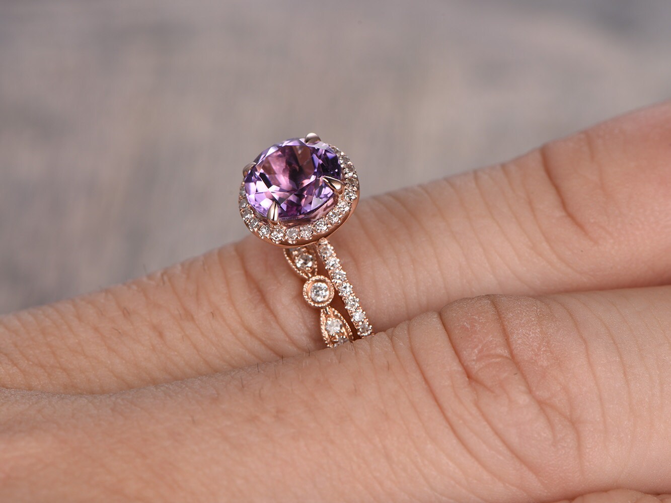 6.5mm Round Cut Amethyst Engagement Ring Set 2pcs Halo Diamond 14K Rose Gold Half Eternity