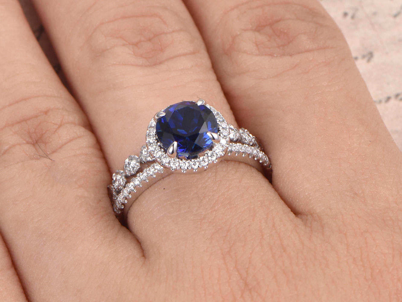 7mm Round Cut Blue Sapphire Engagement Ring Set 2pcs 14K White Gold Diamond Halo | Art Deco Matching Band