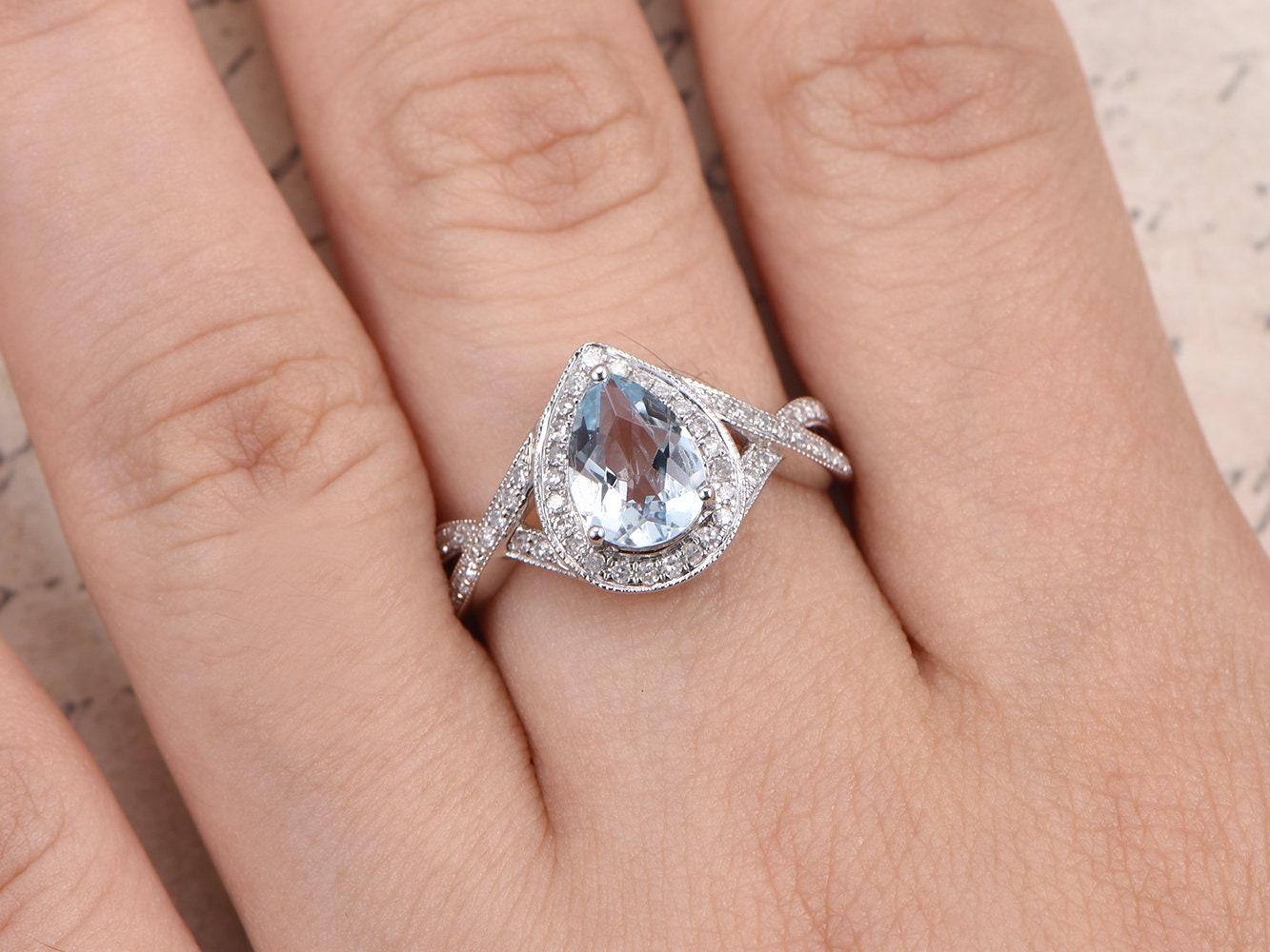 Bague en or blanc 14 carats avec aigue-marine, bague de fiançailles et alliance en diamant, anneau fendu, bague en diamant, aigue-marine décorative 6x8 mm