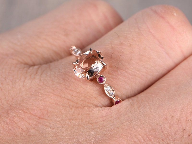 6x8mm Oval Cut Morganite Engagement Ring 14K Rose Gold Ruby & Diamond Side Stone Art Deco Design