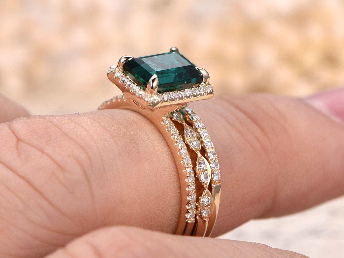 6x8mm-emerald-cut-emerald-engagement-ring-set-3pcs-14k-yellow-gold-diamond-halo-half-eternity-two-matching-band