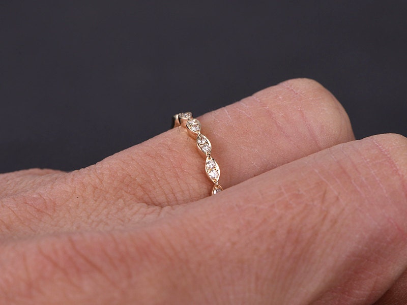 Alliance demi-éternité, bague de fiançailles sertie clos, style Art déco, en or jaune 14 carats, forme marquise