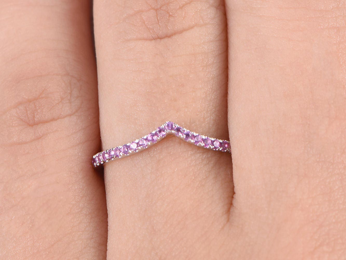 Pink Sapphire Wedding Band Chevron Curved V Wedding Ring 14K White Gold