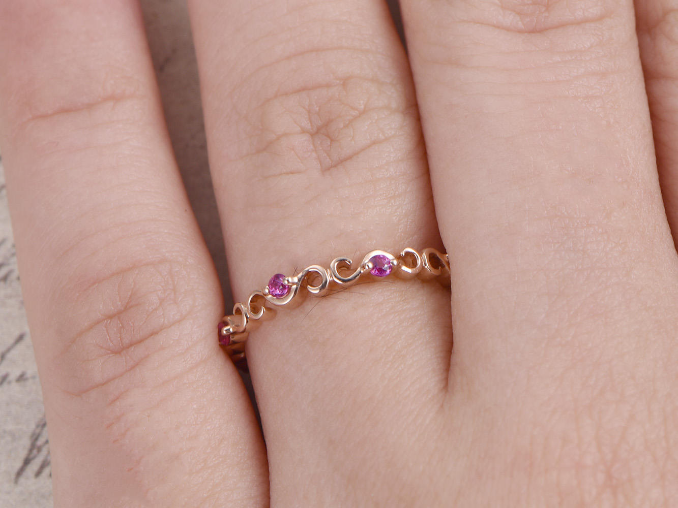Bague de fiançailles Art Déco en rubis, alliance en or rose 14 carats, sertie de fleurs et de points, bague infinie, promesse