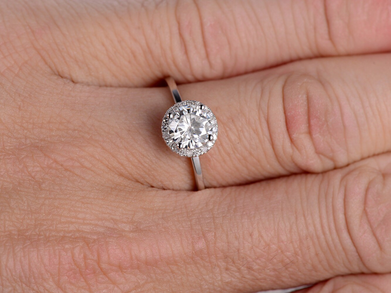 Bague en moissanite VVS taille ronde 6,5 mm, bague de fiançailles en moissanite, bague en diamant, bague en or blanc 14 carats, bague de fiançailles pour femme