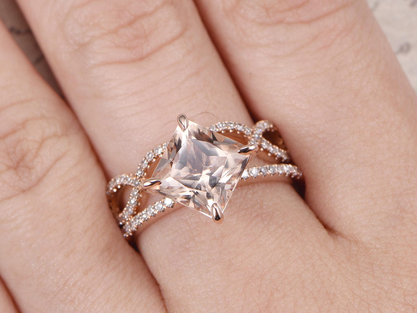 Bague en morganite naturelle VS, or rose, diamants, alliance, anneau fendu, bague de fiançailles solitaire en morganite de 8 mm, demi-alliance.