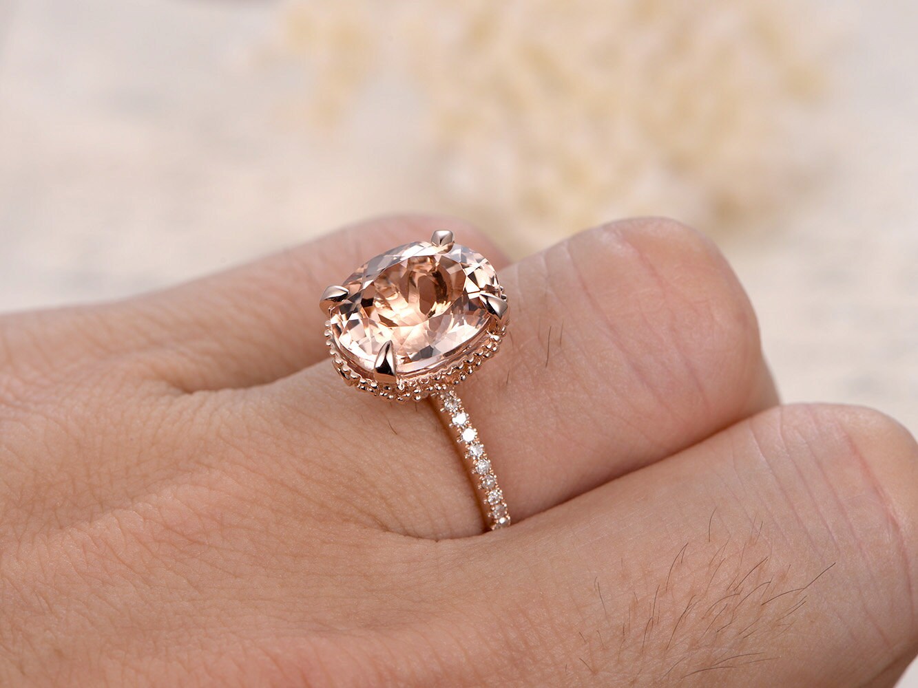 Bague de fiançailles ovale en morganite 9x11mm, bague en or rose avec morganite et diamants, alliance, bague de demande en mariage, bague d'anniversaire, cadeau pour elle