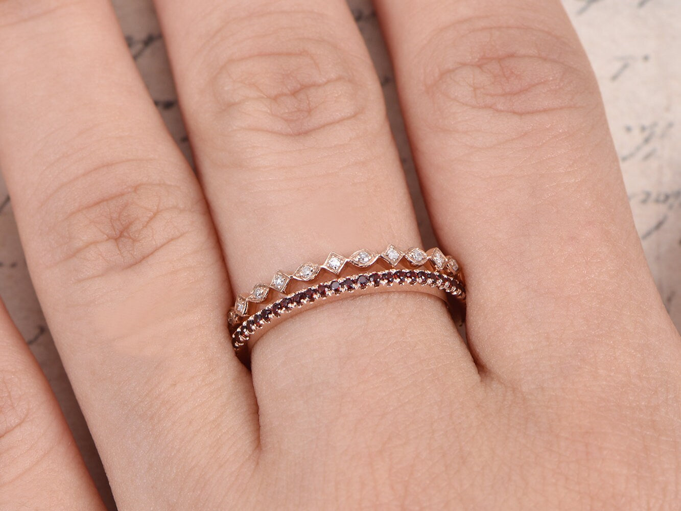 Red Garnet & Diamond Wedding Band Set 2pcs 14K Rose Gold Full Eternity